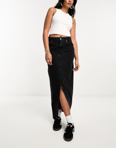 ASOS DESIGN - Denim-midinederdel med slids i sort vask - view 1