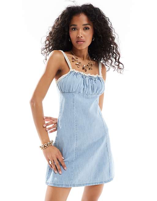 ASOS DESIGN denim mini cami dress with ruched bust and ASOS DESIGN denim mini cami dress with ruched bust and