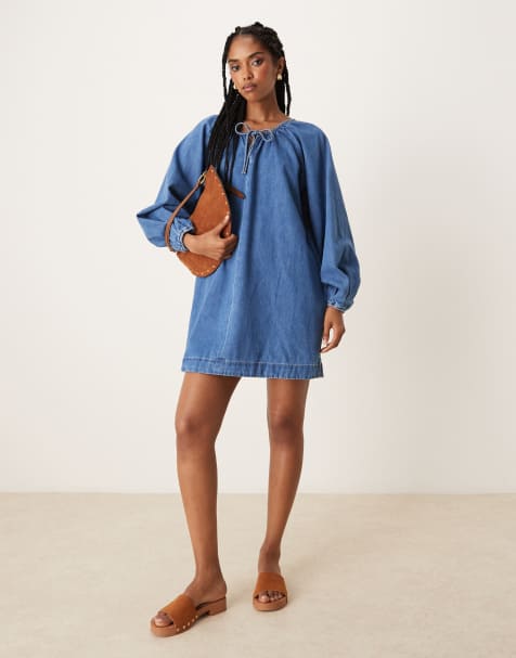 ASOS DESIGN denim mini dress with balloon sleeves in midwash blue - view 1