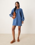 [ASOS DESIGN] ASOS DESIGN denim mini dress with balloon sleeves in midwash blue 12 Mid blue
