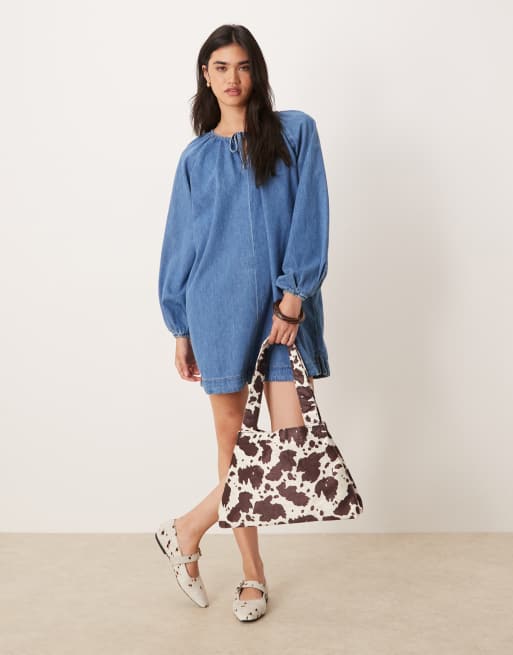 ASOS DESIGN denim mini dress with balloon sleeves in vintage light blue