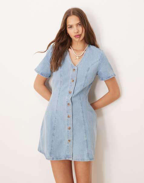 ASOS DESIGN denim mini dress with cinched waist and short sleeve in light blue - view 1