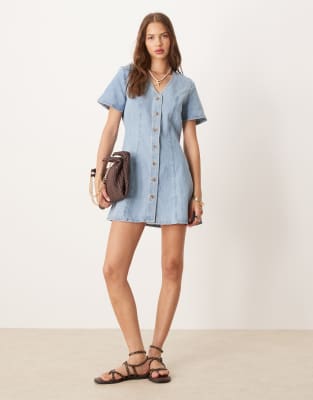 Asos Design Denim Mini Dress With Cinched Waist And Short Sleeve In Blue