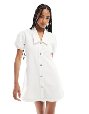 Asos Design Denim Mini Dress With Collar And Puff Sleeves