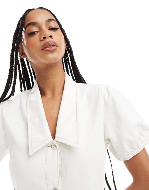 ASOS DESIGN denim mini dress with collar and puff sleeves in ecru, 3 of 4