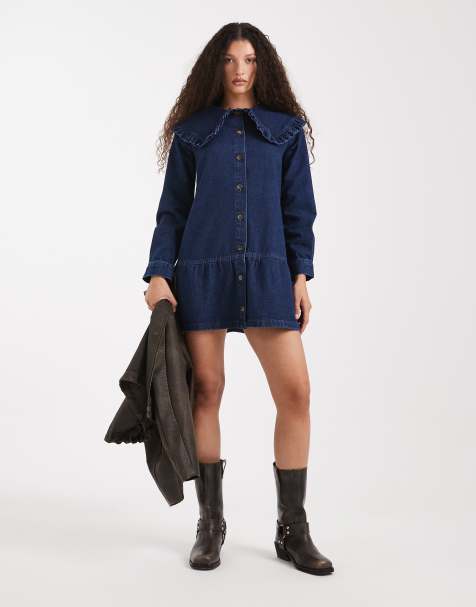 ASOS DESIGN denim mini dress with collar detail and peplum hem in dark mid blue - view 1