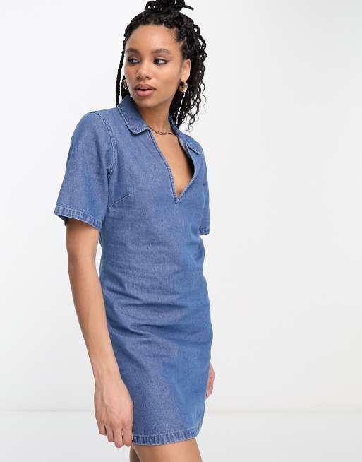 Denim Mini Dress With Zip Front In Medium Blue By Noisy May