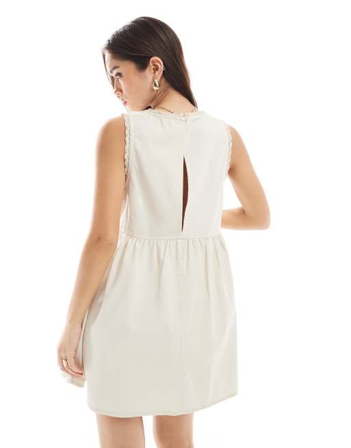 ASOS DESIGN denim mini dress with crochet insert in neutral wash