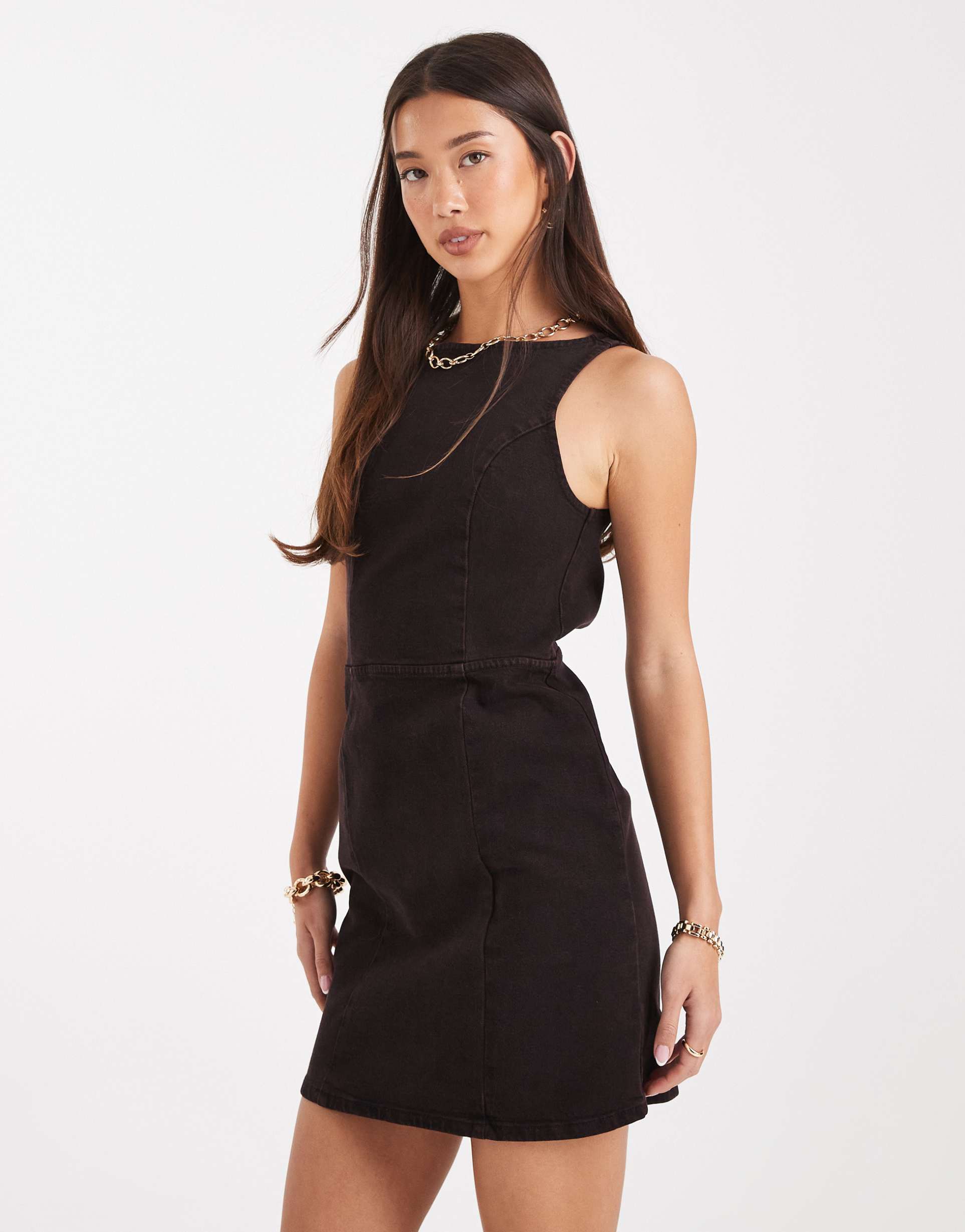 asos design denim mini dress with cut-out back detail in burgundy