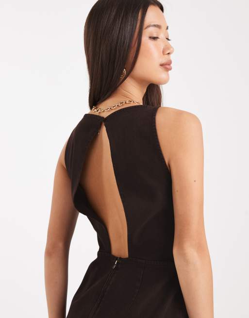 ASOS DESIGN denim mini dress with cut out back detail in burgundy, 4 of 4