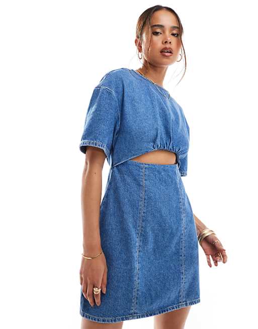 denim cut out dress Wavy Cut-Out Puff Sleeve Mini and double leg slits ASOS DESIGN denim mini dress