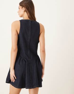 Asos Design Denim Mini Dress With Gathered Hip Panels In Navy