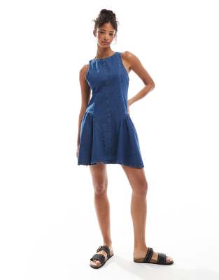 Asos Design Denim Mini Dress With Gathered Hip Panels