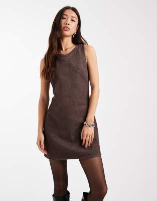 Asos Design Denim Mini Dress With High V Neck In Brown