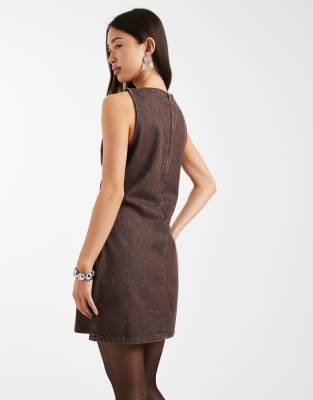 Asos Design Denim Mini Dress With High V Neck In Brown