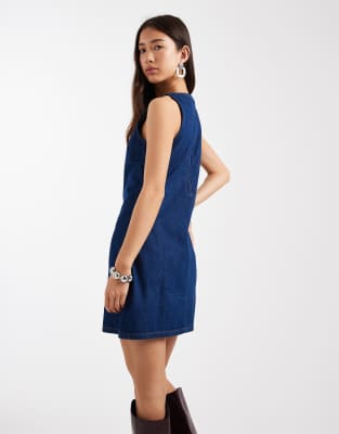 Asos Design Denim Mini Dress With High V Neck In Blue