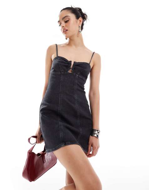 ASOS DESIGN denim mini dress with metal trim in washed black - view 1