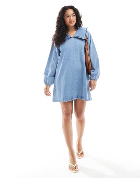 ASOS DESIGN denim mini dress with oversized ruffle collar in mid blue - view 1