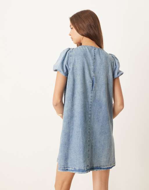 ASOS DESIGN denim mini dress with puff sleeve and tie detail in light wash, 4 of 4