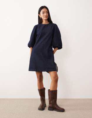 Asos Design Denim Mini Dress With Puff Sleeve Detail In Blue