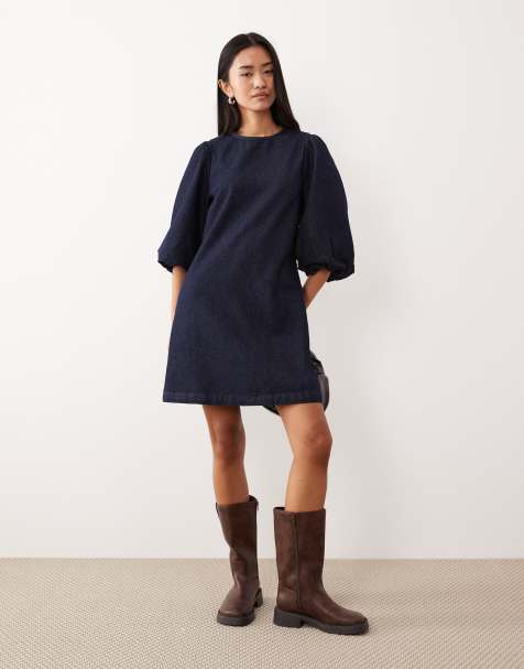 ASOS DESIGN denim mini dress with puff sleeve detail in rinse - view 1