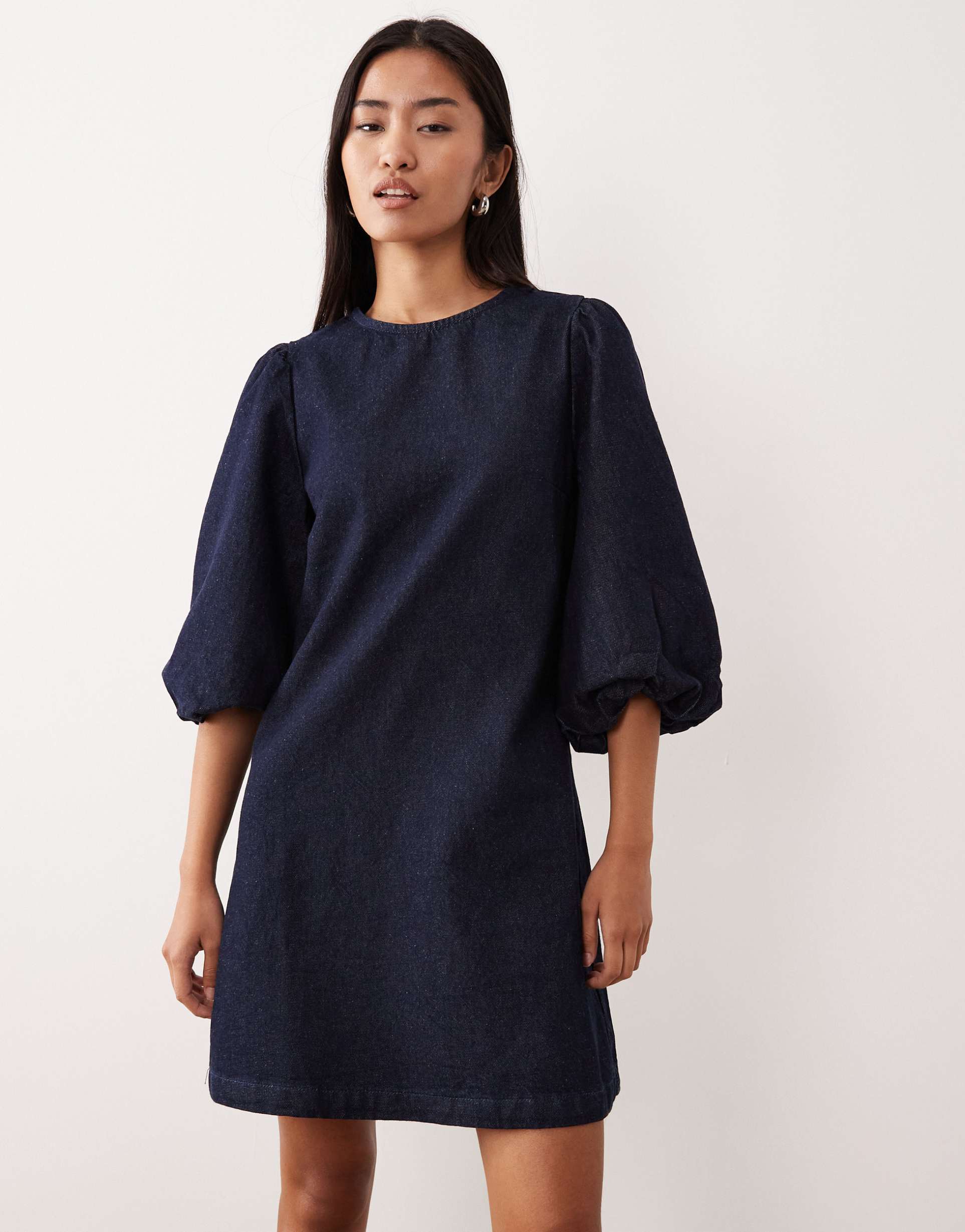 asos design denim mini dress with puff sleeve detail in rinse