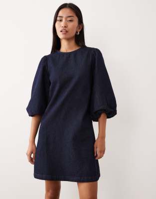 Asos Design Denim Mini Dress With Puff Sleeve Detail In Blue
