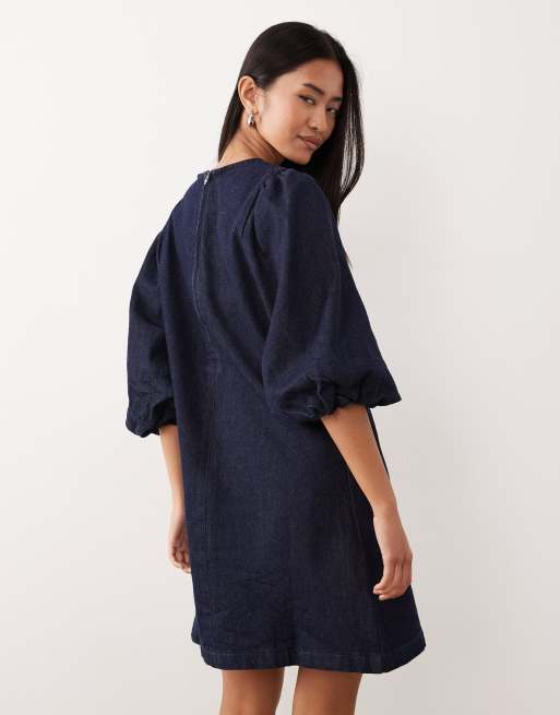 ASOS DESIGN denim mini dress with puff sleeve detail in rinse, 4 of 4