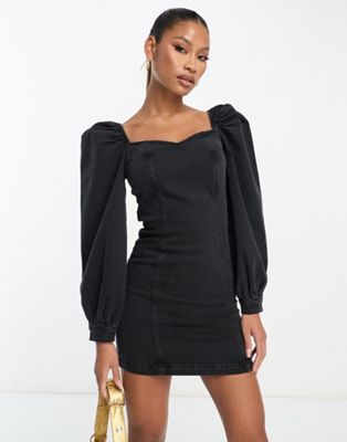 ASOS DESIGN denim mini dress with puff sleeve in washed black - ASOS Price Checker
