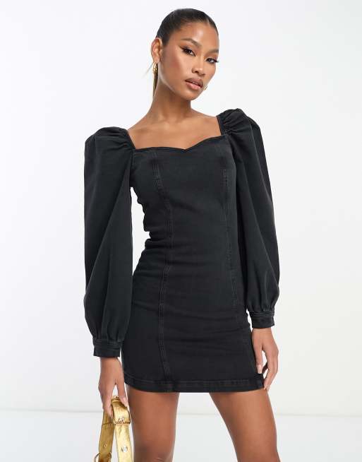 ASOS DESIGN denim mini dress with puff sleeve in washed black | ASOS