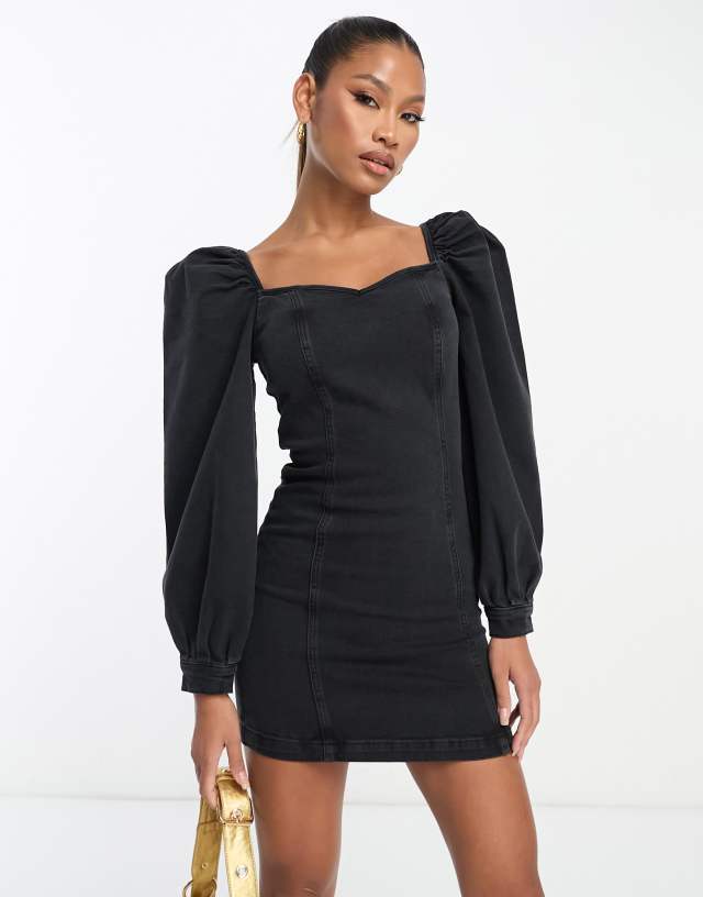 ASOS DESIGN - denim mini dress with puff sleeve in washed black