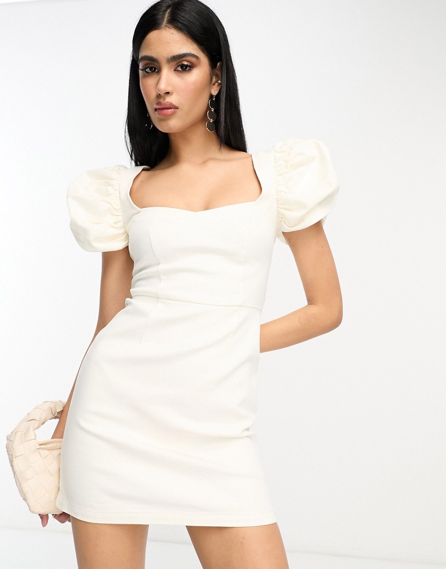 ASOS DESIGN denim mini dress with puff sleeves in white