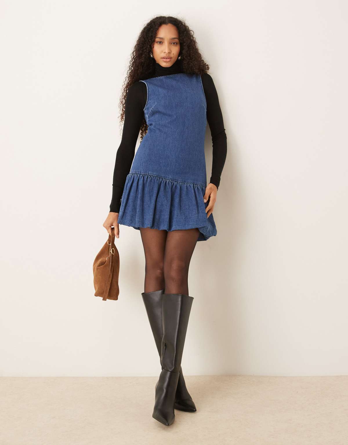 ASOS DESIGN denim mini dress with puffball hem in mid blue