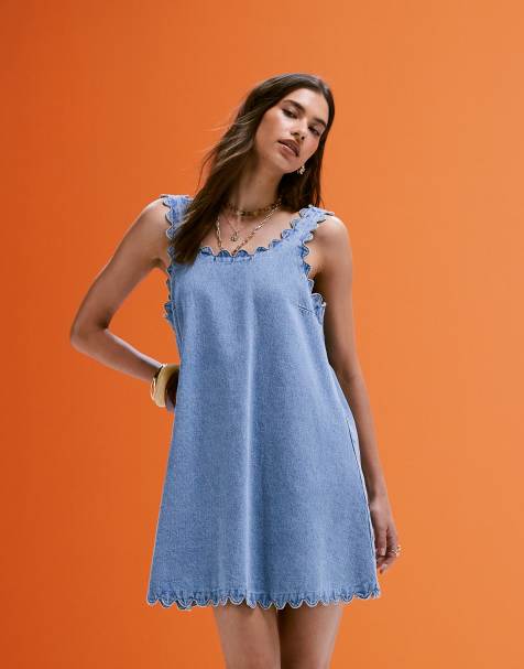 ASOS DESIGN denim mini dress with scallop edge in light blue - view 1