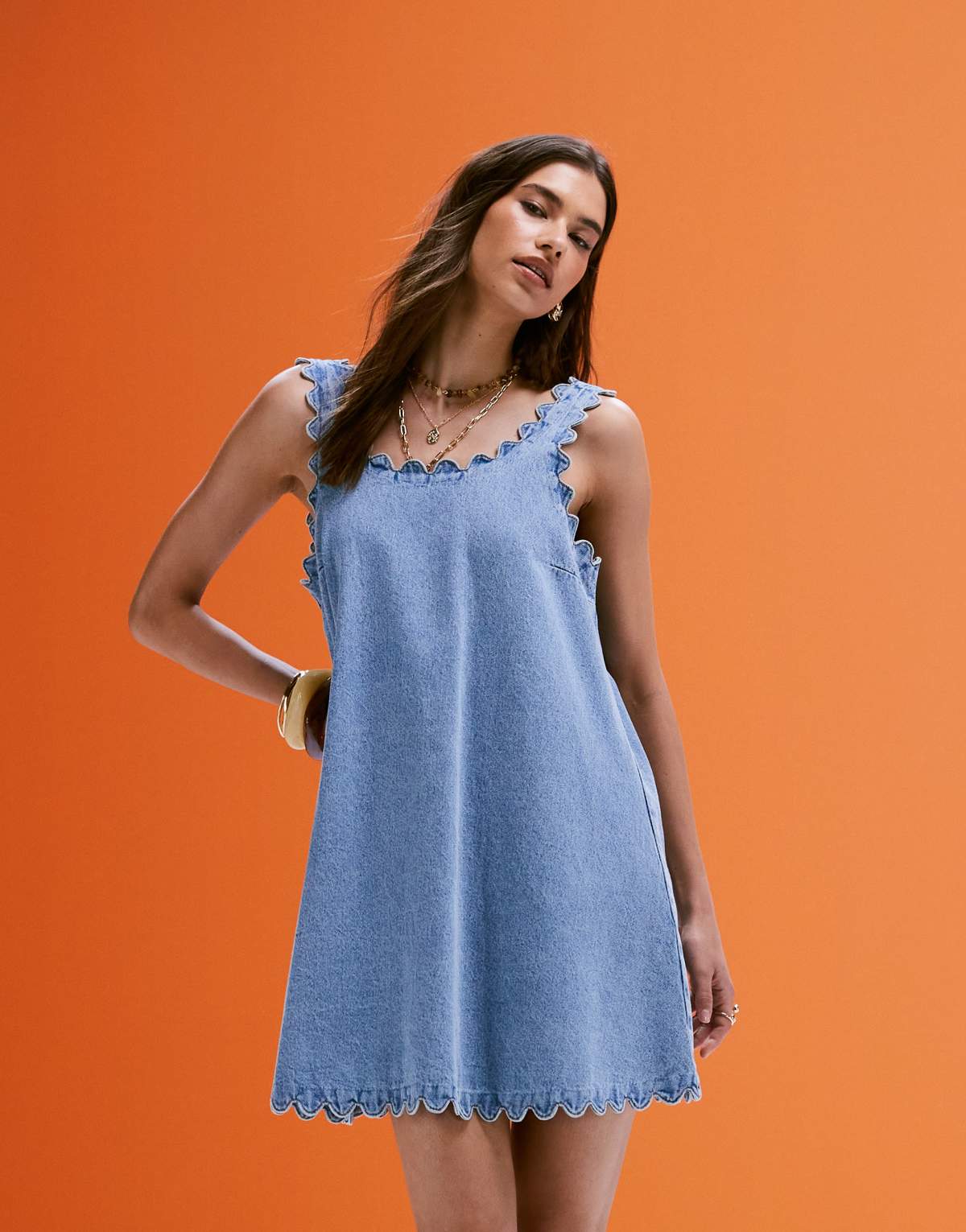 ASOS DESIGN denim mini dress with scallop edge in light blue