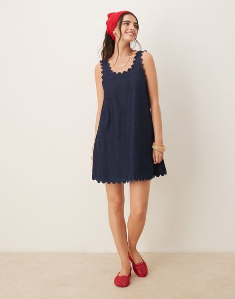 ASOS DESIGN denim mini dress with scallop edge in rinse - view 1