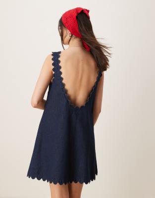 Asos Design Denim Mini Dress With Scallop Edge In Blue