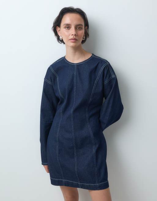 ASOS DESIGN denim mini jurk met naden en lange mouwen in rinse, 3 van 4