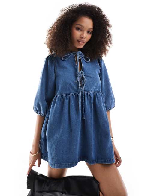 ASOS DESIGN - Denim mini jurk met pofmouwen in lichtblauw