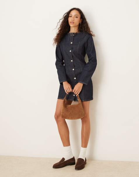 ASOS DESIGN denim mini long sleeve crew neck dress in rinse wash - view 1