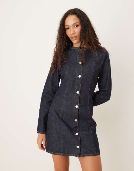 ASOS DESIGN denim mini long sleeve crew neck dress in rinse wash, 2 of 4