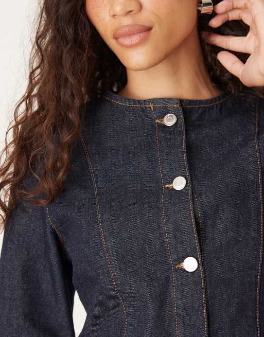 ASOS DESIGN denim mini long sleeve crew neck dress in rinse wash, 3 of 4