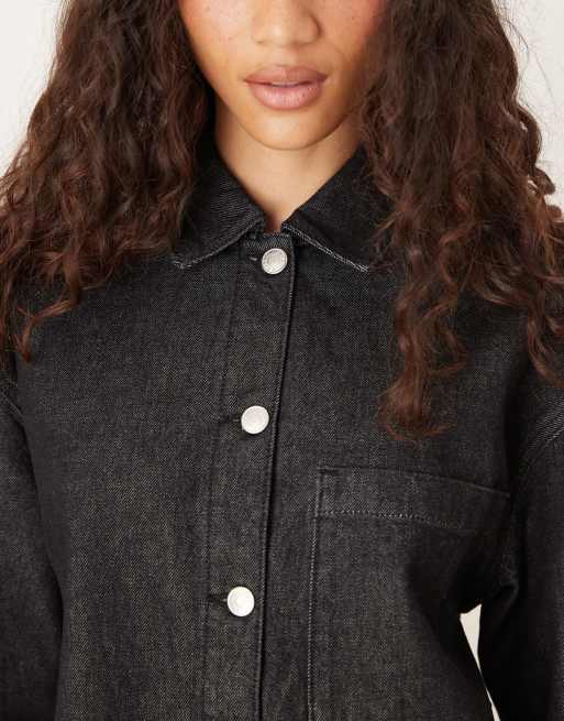 ASOS DESIGN denim mini long sleeve shirt dress in black, 3 of 4