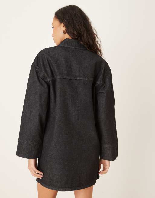ASOS DESIGN denim mini long sleeve shirt dress in black, 4 of 4