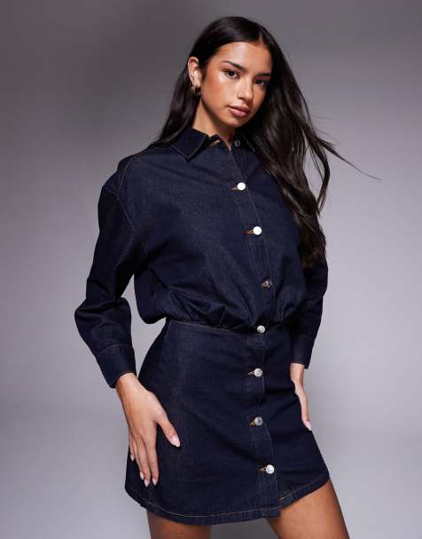 ASOS DESIGN - Denim mini overhemdjurk met aansluitende rok en schoudervulling in rinse wash - view 1