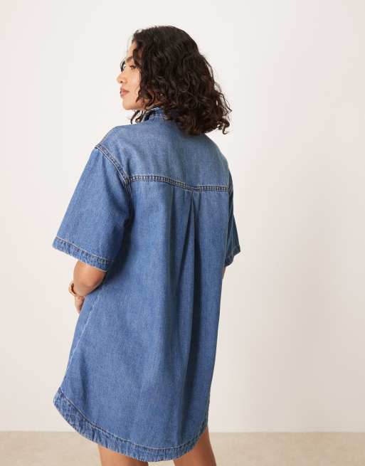 ASOS DESIGN - Denim mini overhemdjurk met korte mouwen in mid-wash blauw, 4 van 4