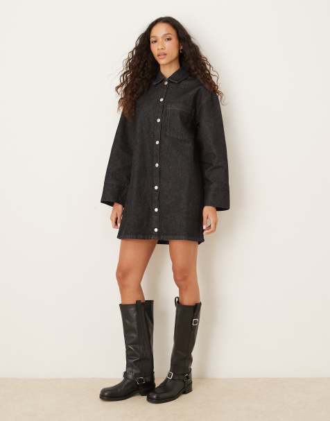 ASOS DESIGN - Denim mini-overhemdjurk met lange mouwen in zwart - view 1