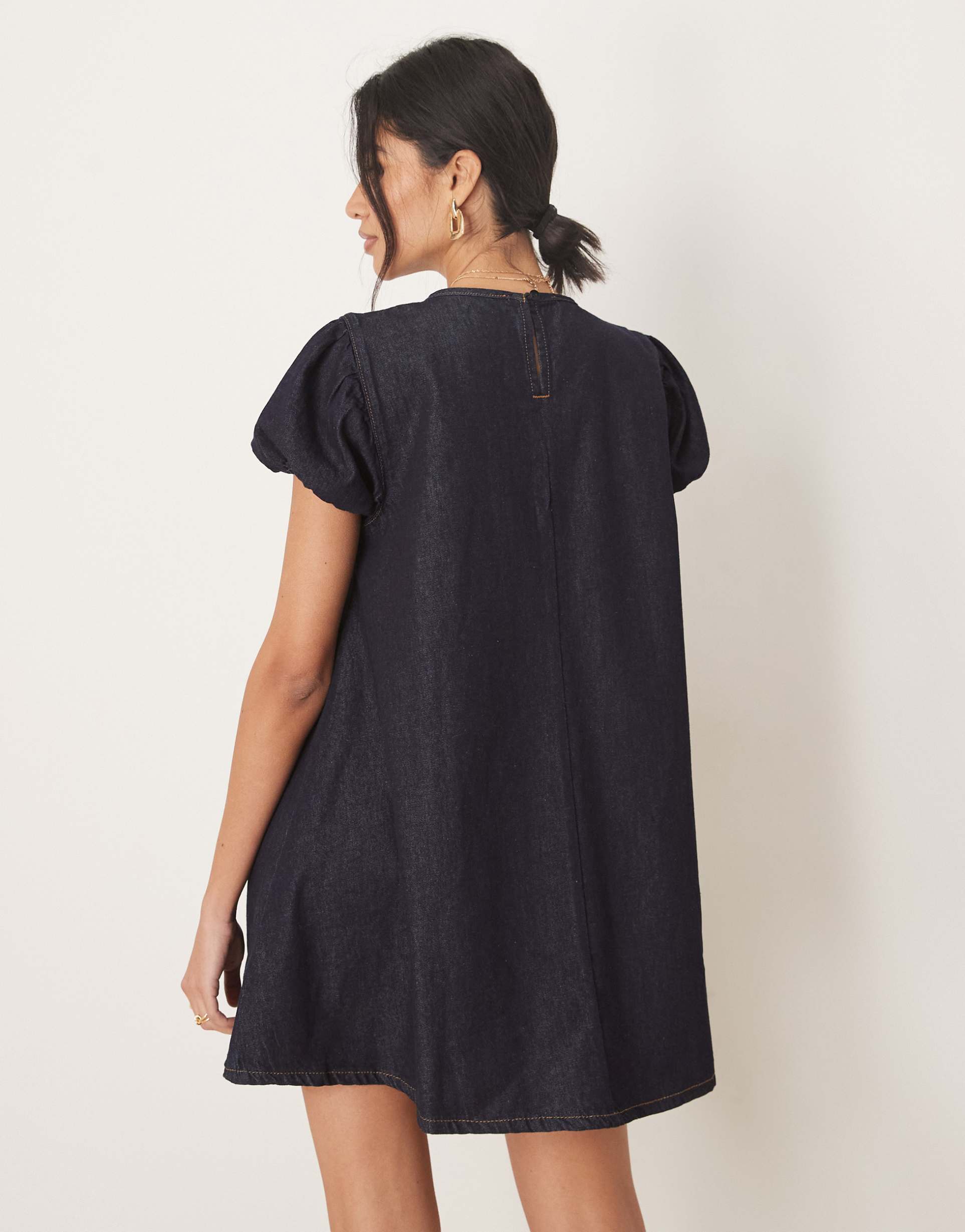 asos design denim mini puff sleeve smock dress