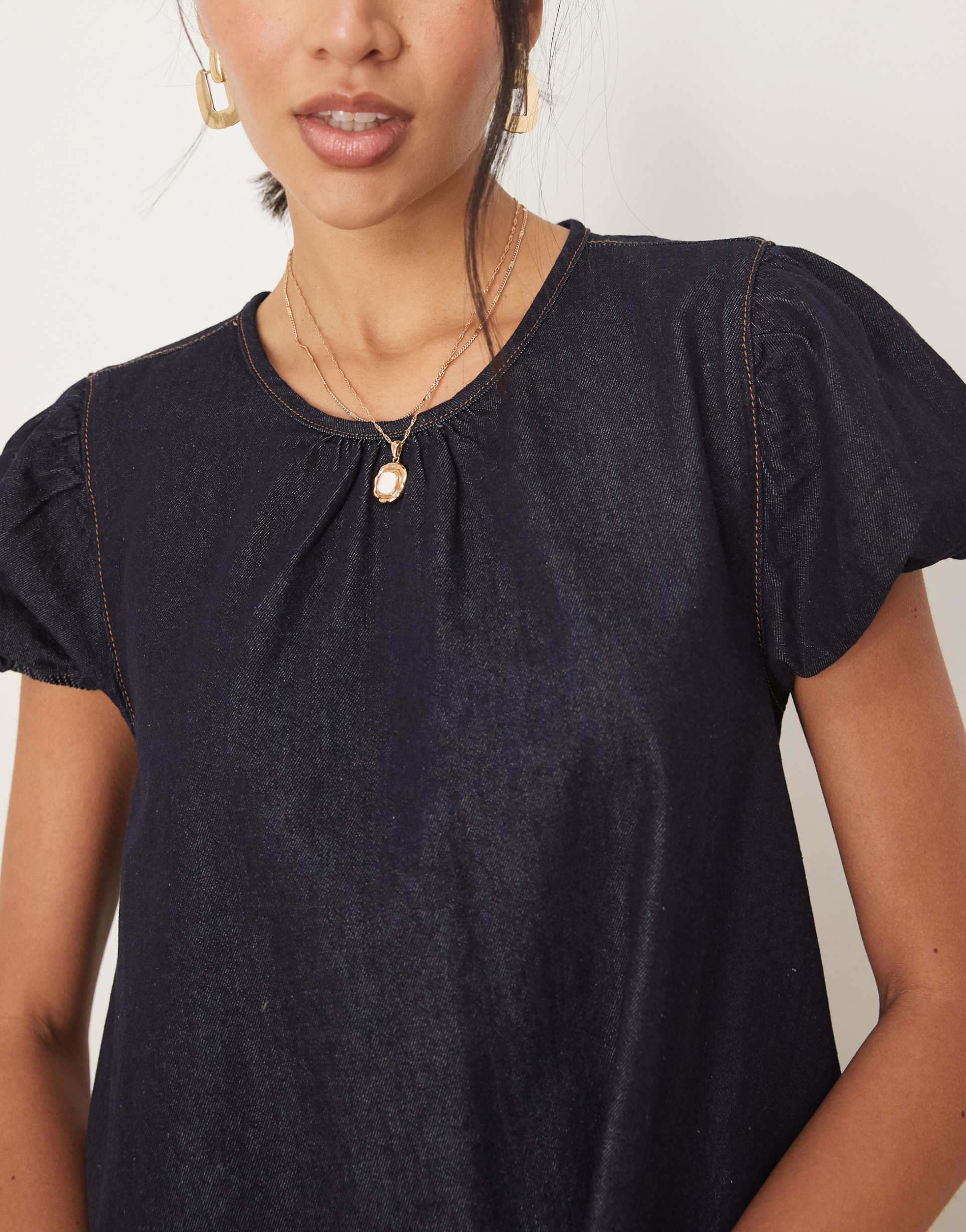 asos design denim mini puff sleeve smock dress