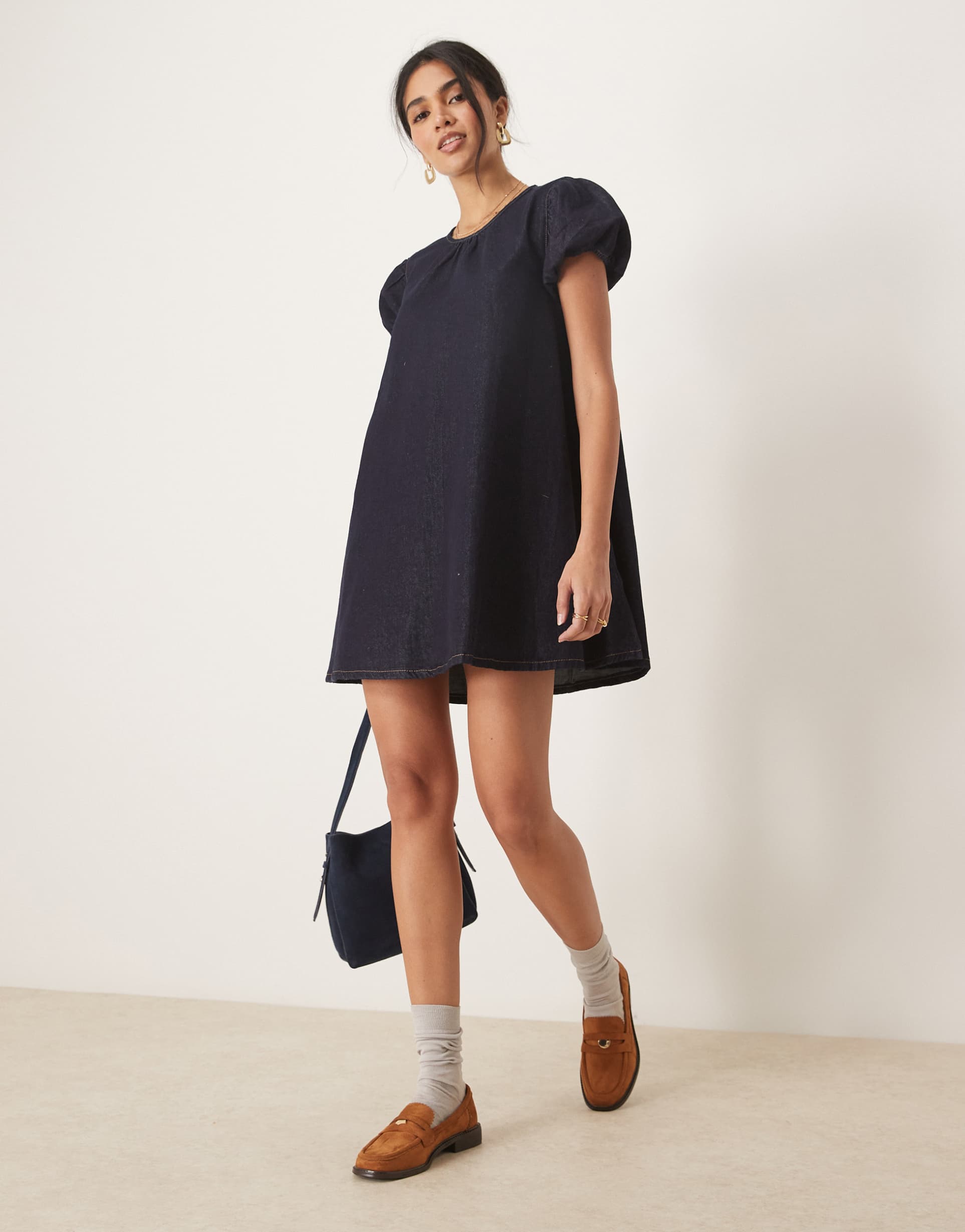 asos design denim mini puff sleeve smock dress